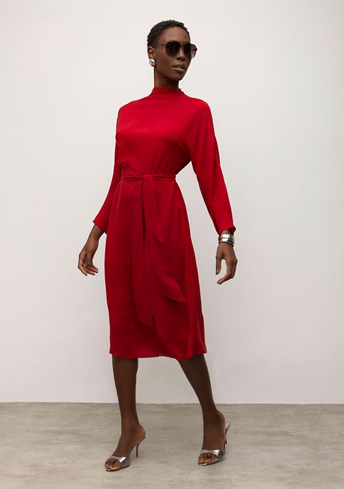 Vestido Iódice Midi Gola Alta Com Faixa Vermelho