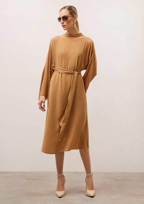 Vestido Iódice Midi Gola Alta Com Faixa Marrom