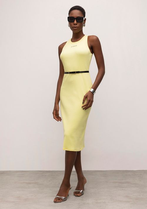 Vestido Iódice Midi Decote Redondo Bordado Amarelo