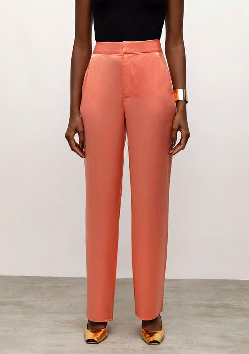 Calça Iódice Reta Cós Alto Bolso Faca Laranja