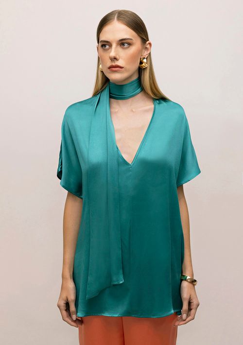 Blusa Iódice Decote V Manga Curta Com Faixa Verde