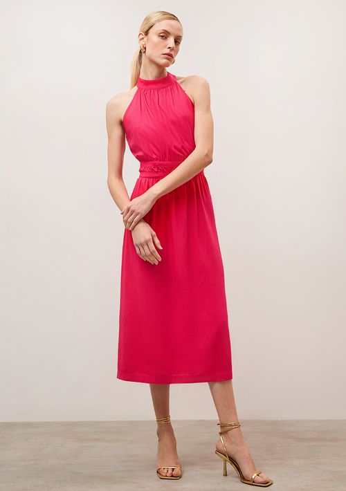 Vestido Iódice Midi Cava Francesa Detalhe Cintura Rosa