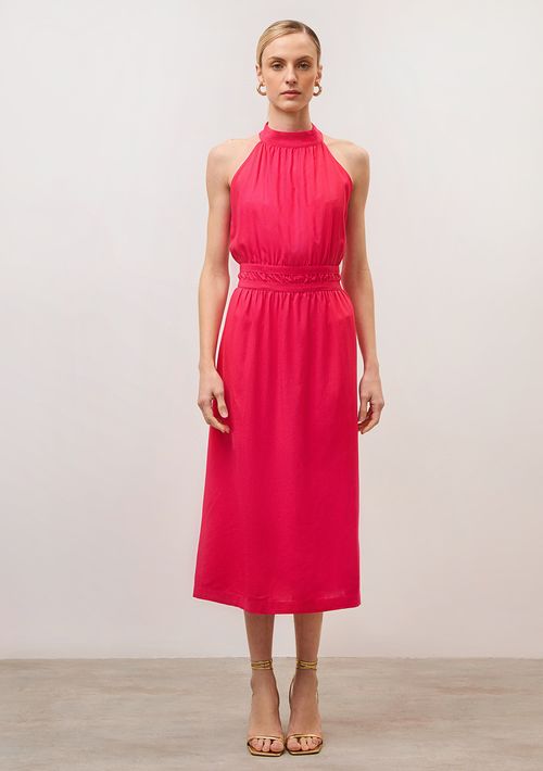 Vestido Iódice Midi Cava Francesa Detalhe Cintura Rosa