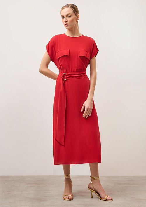 Vestido Iódice Midi Decote Redondo Com Bolso Vermelho