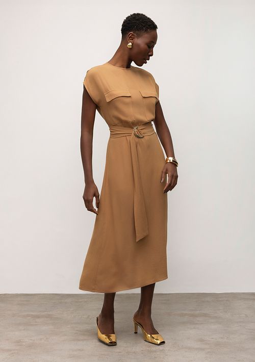 Vestido Iódice Midi Decote Redondo Com Bolso Marrom