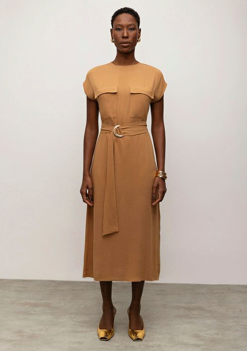 Vestido Iódice Midi Decote Redondo Com Bolso Marrom