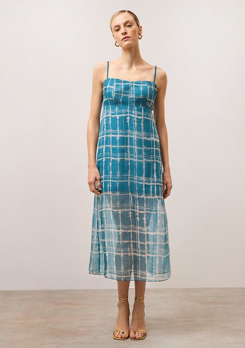 Vestido Iódice Midi Decote Reto Com Sobreposição Azul
