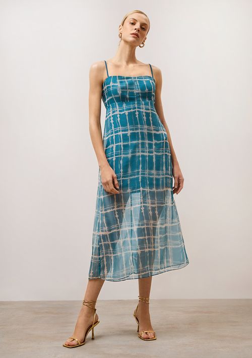 Vestido Iódice Midi Decote Reto Com Sobreposição Azul
