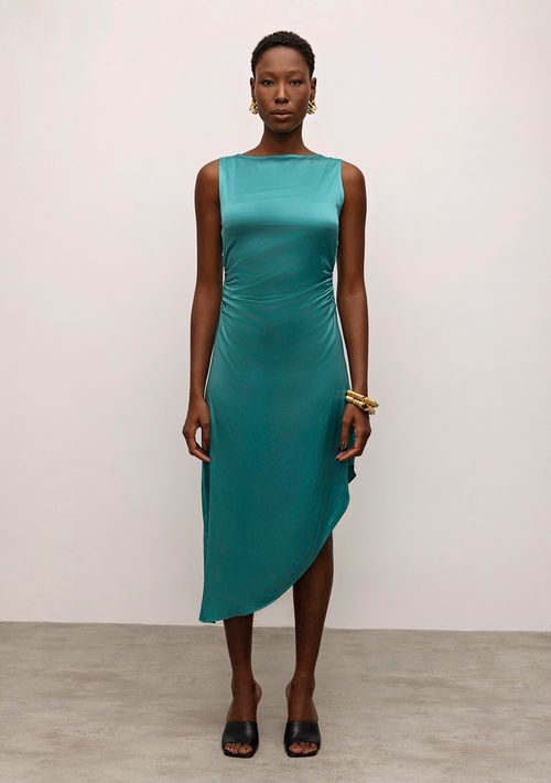 Vestido Iódice Midi Decote Canoa Barra Assimétrica Verde