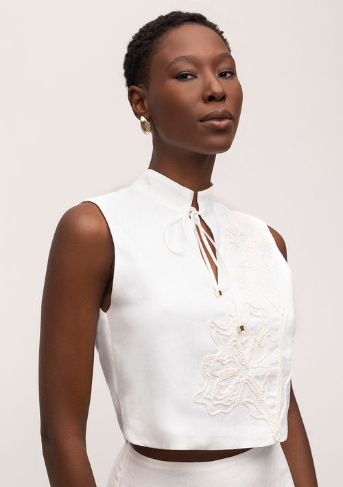 Top Iódice Reto Sem Manga Bordado Off White