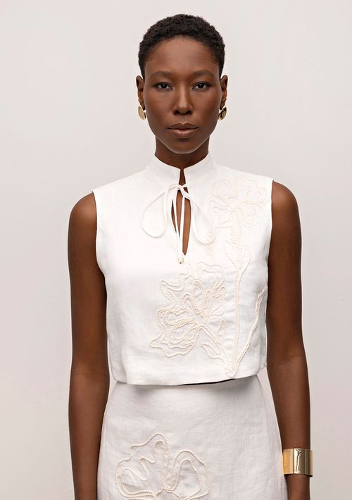Top Iódice Reto Sem Manga Bordado Off White