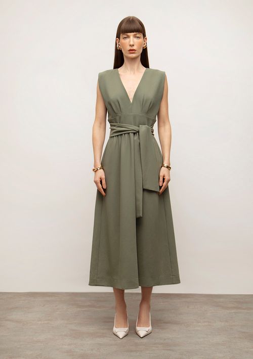 Vestido Iódice Solto Decote V Manga Curta Midi Verde