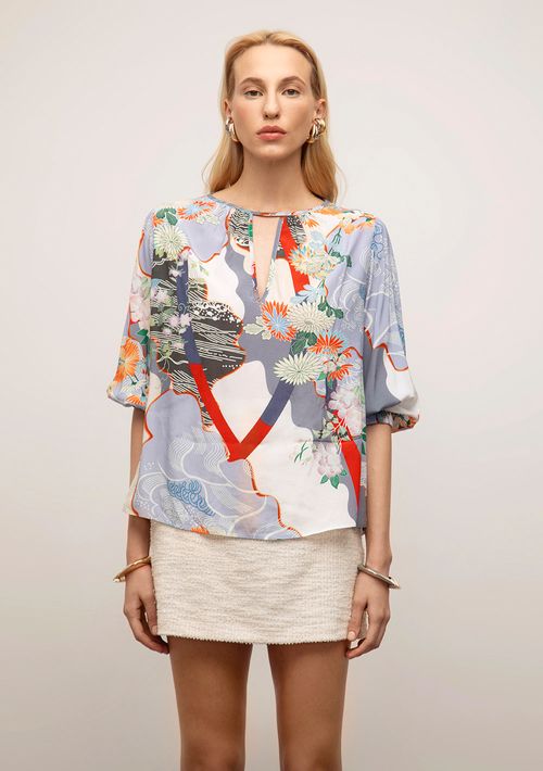 Blusa Iódice Solta Decote V Manga 3 Quartos Padrão Azul