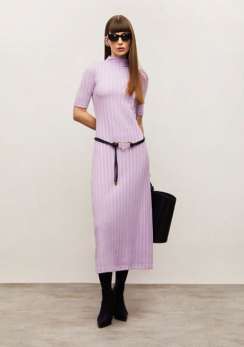 Vestido Iódice Ajustado Gola Alta Manga Curta Midi Lilas