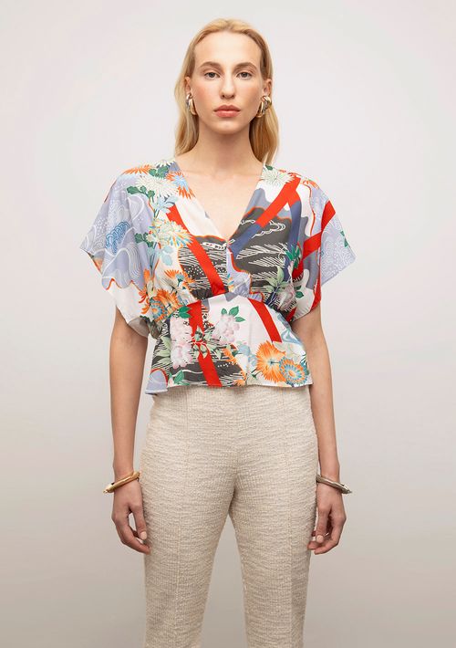 Blusa Iódice Solta Decote V Manga Longa Padrão Azul