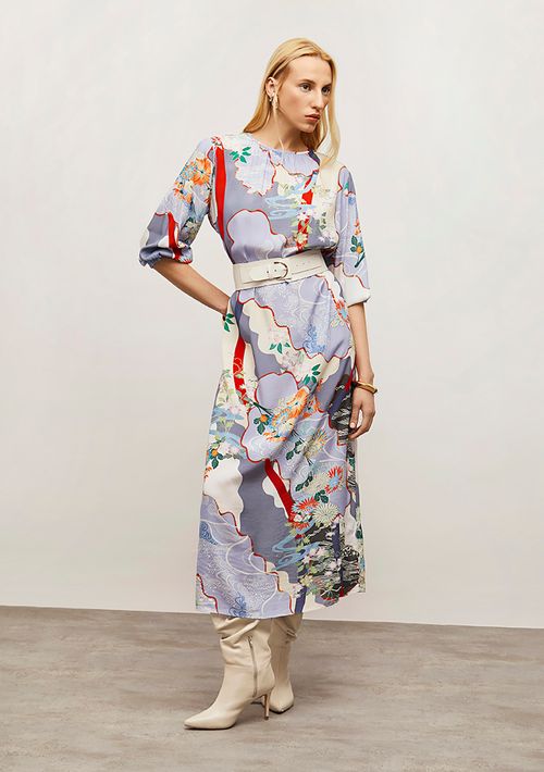 Vestido Iódice Solto Decote Careca Manga Longa Midi Azul