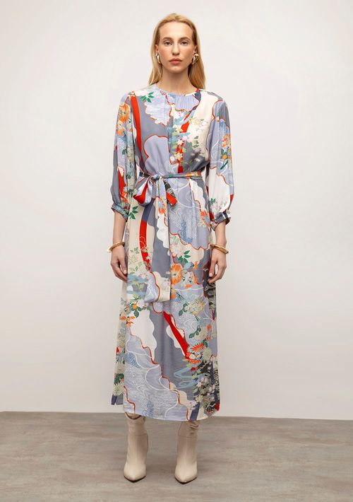 Vestido Iódice Solto Decote Careca Manga Longa Midi Azul