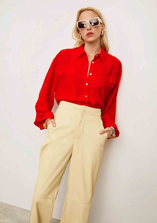 Camisa Iódice Solta Polo Manga Longa Padrão Vermelho