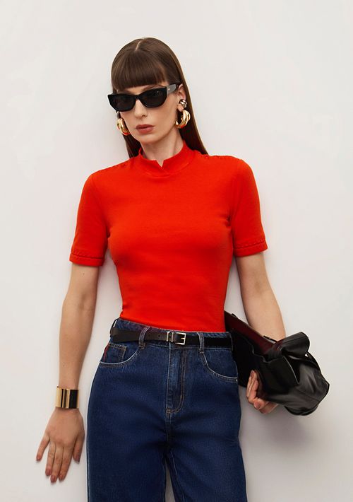 Blusa Iódice Ajustada Gola Alta Manga Curta Padrão Vermelho