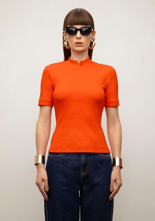 Blusa Iódice Ajustada Gola Alta Manga Curta Padrão Vermelho