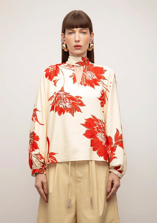 Blusa Iódice Solta Decote V Manga Longa Padrão Off White