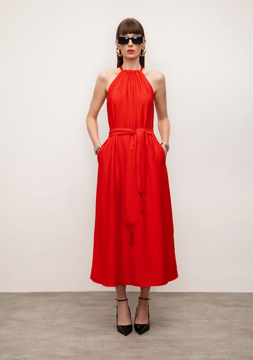 Vestido Iódice Solto Decote Careca Sem Manga Midi Vermelho