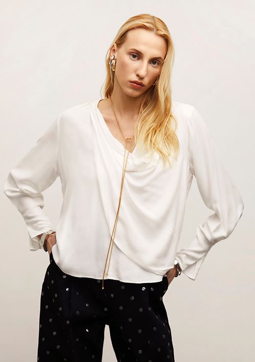 Blusa Iódice Solta Decote V Manga Longa Padrão Off White