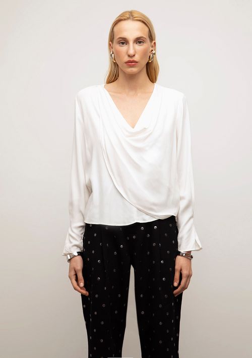 Blusa Iódice Solta Decote V Manga Longa Padrão Off White