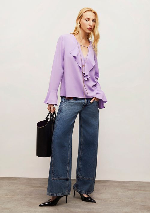 Blusa Iódice Solta Decote V Manga Longa Padrão Lilas