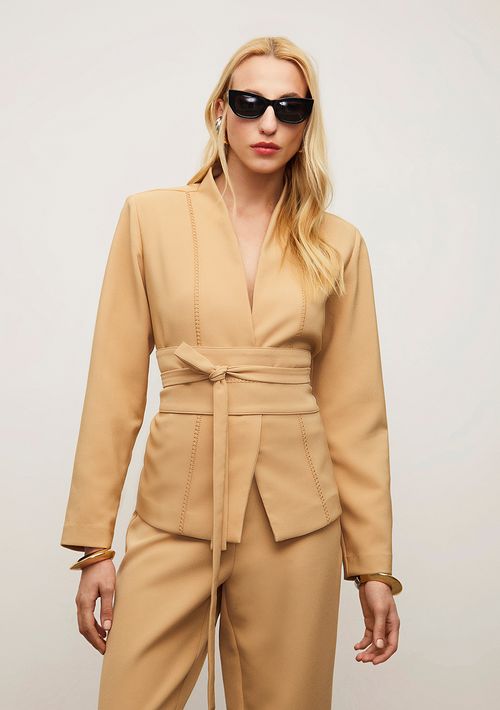 Blazer Iódice Solto Manga Longa Padrão Bege