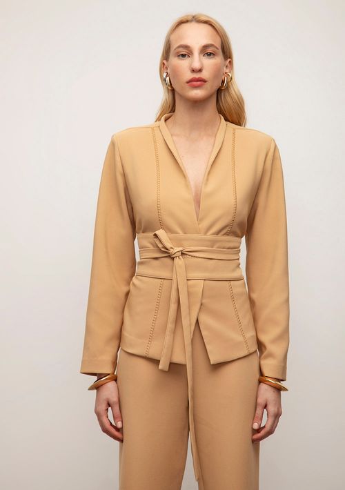 Blazer Iódice Solto Manga Longa Padrão Bege