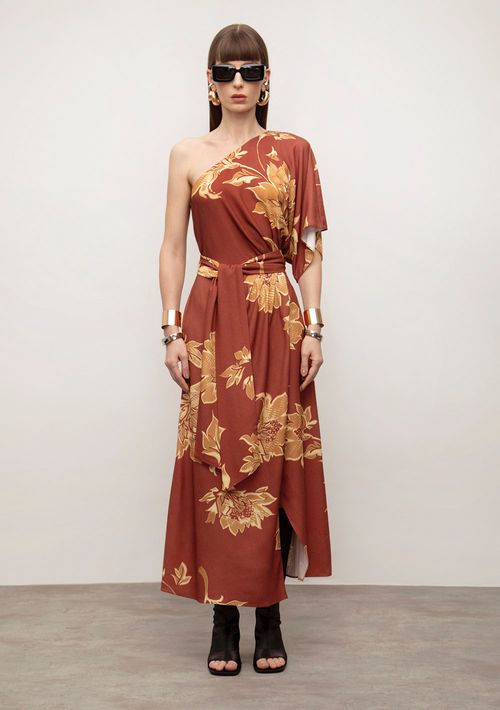 Vestido Iódice Ajustado Um Ombro Só Manga Curta Midi Marrom