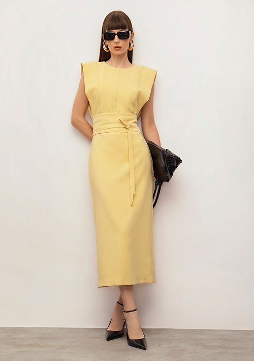 Vestido Iódice Ajustado Decote Careca Sem Manga Midi Amarelo