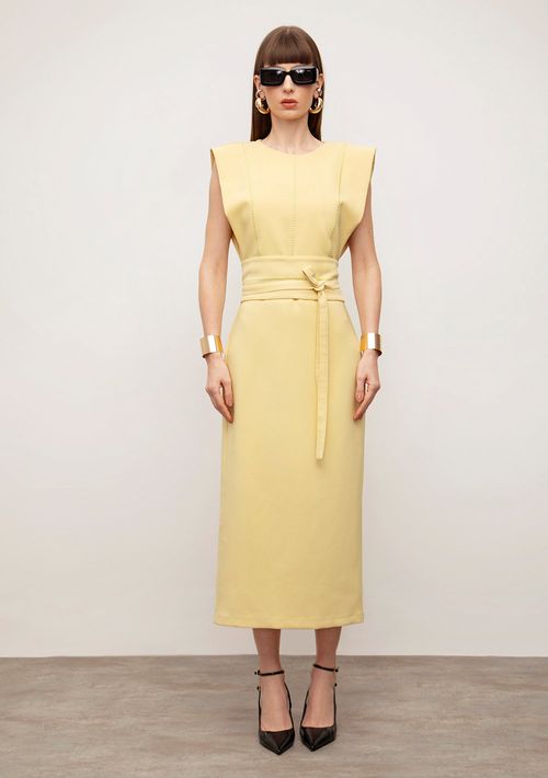 Vestido Iódice Ajustado Decote Careca Sem Manga Midi Amarelo