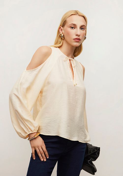 Blusa Iódice Solta Decote V Manga Longa Padrão Bege