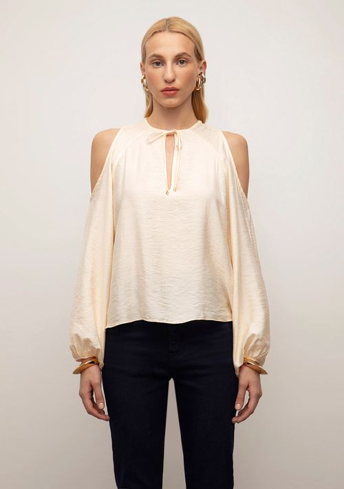 Blusa Iódice Solta Decote V Manga Longa Padrão Bege