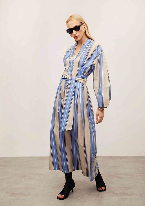 Vestido Iódice Solto Decote V Manga 7 Oitavos Midi Azul