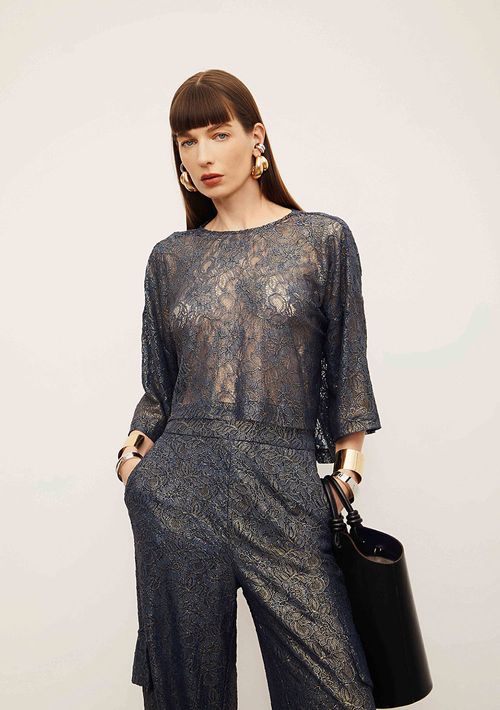 Camiseta Iódice Oversized Decote Canoa Manga Curta Cropped Azul