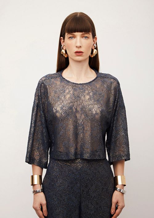 Camiseta Iódice Oversized Decote Canoa Manga Curta Cropped Azul