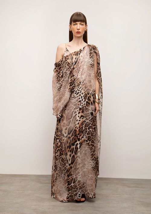 Vestido Iódice Solto Decote V Sem Manga Longo Marrom