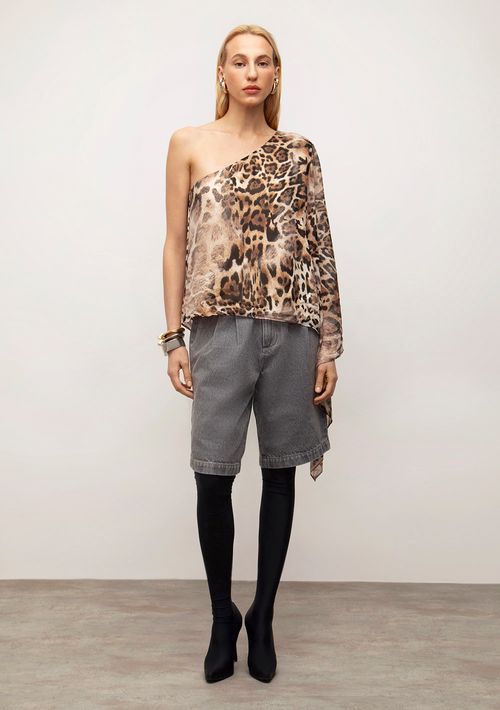 Blusa Iódice Solta Um Ombro Só Manga Longa Padrão Marrom