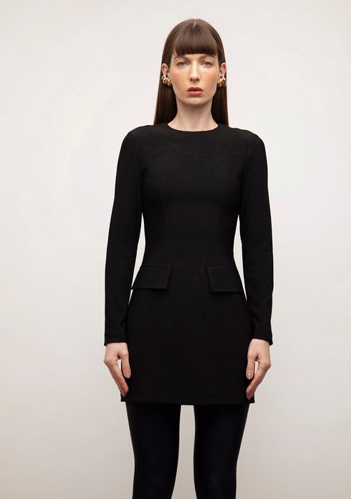 Vestido Iódice Ajustado Decote Canoa Manga Longa Curto Preto