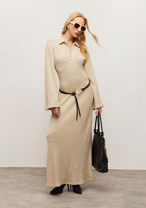 Vestido Iódice Solto Polo Manga Longa Longo Bege