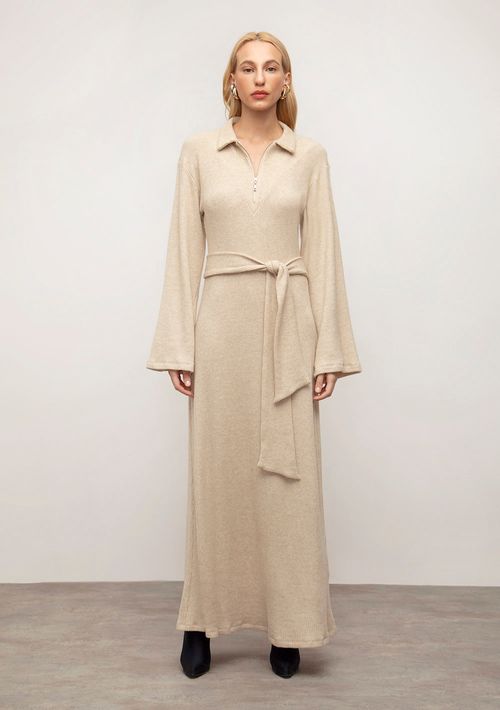 Vestido Iódice Solto Polo Manga Longa Longo Bege