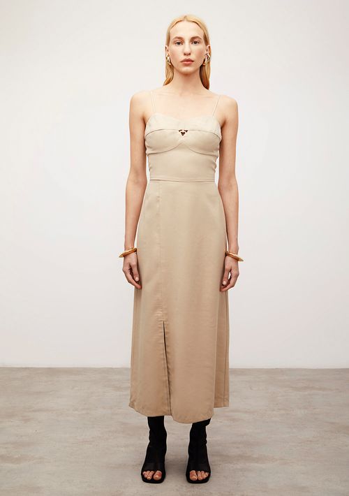 Vestido Iódice Solto Decote Reto Com Alça Longo Bege