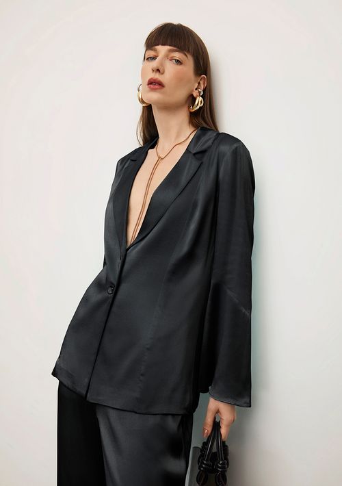 Blazer Iódice Ajustado Manga Longa Alongado Preto