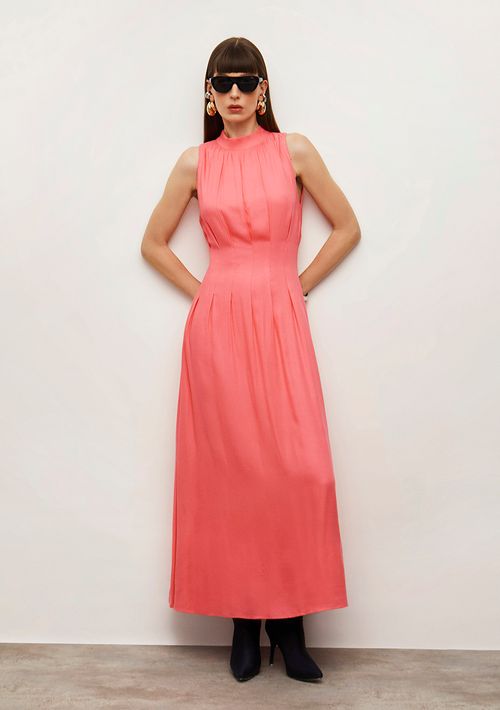 Vestido Iódice Ajustado Gola Alta Sem Manga Midi Rosa