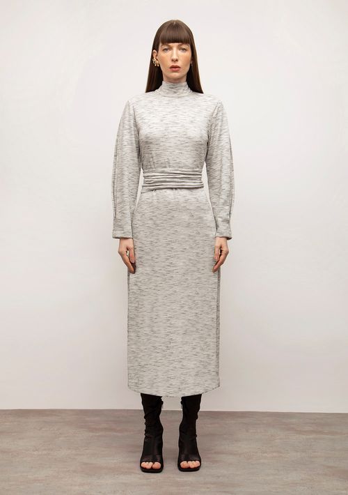 Vestido Iódice Solto Gola Alta Manga Longa Midi Cinza