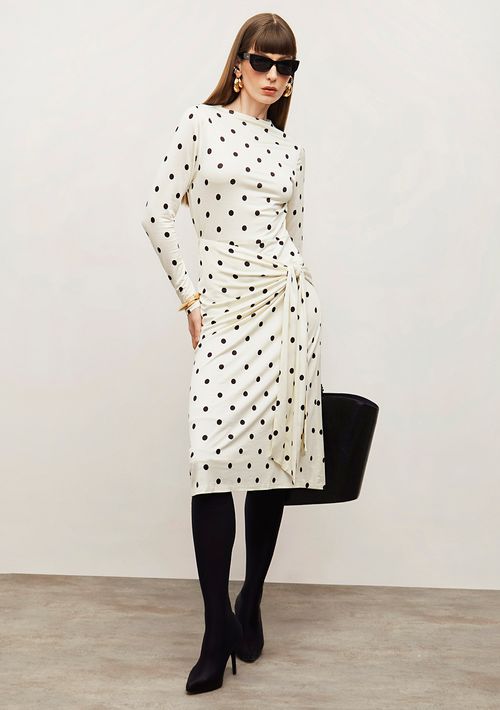 Vestido Iódice Ajustado Gola Alta Manga Longa Midi Off White