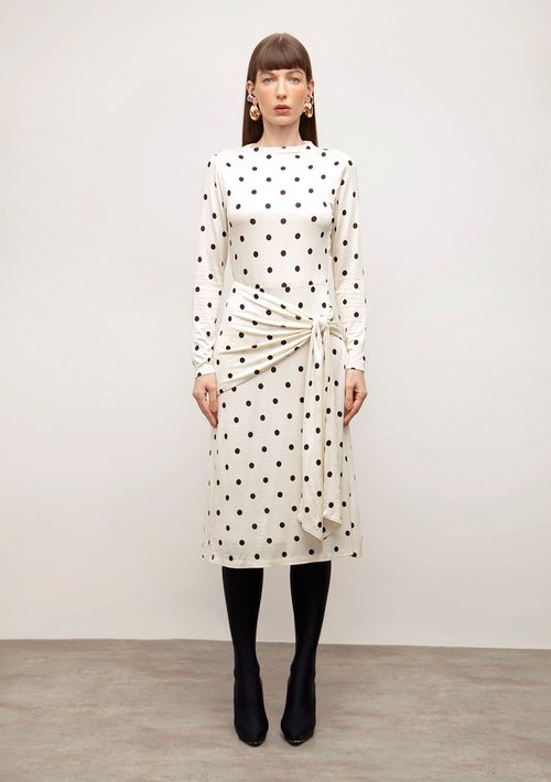 Vestido Iódice Ajustado Gola Alta Manga Longa Midi Off White